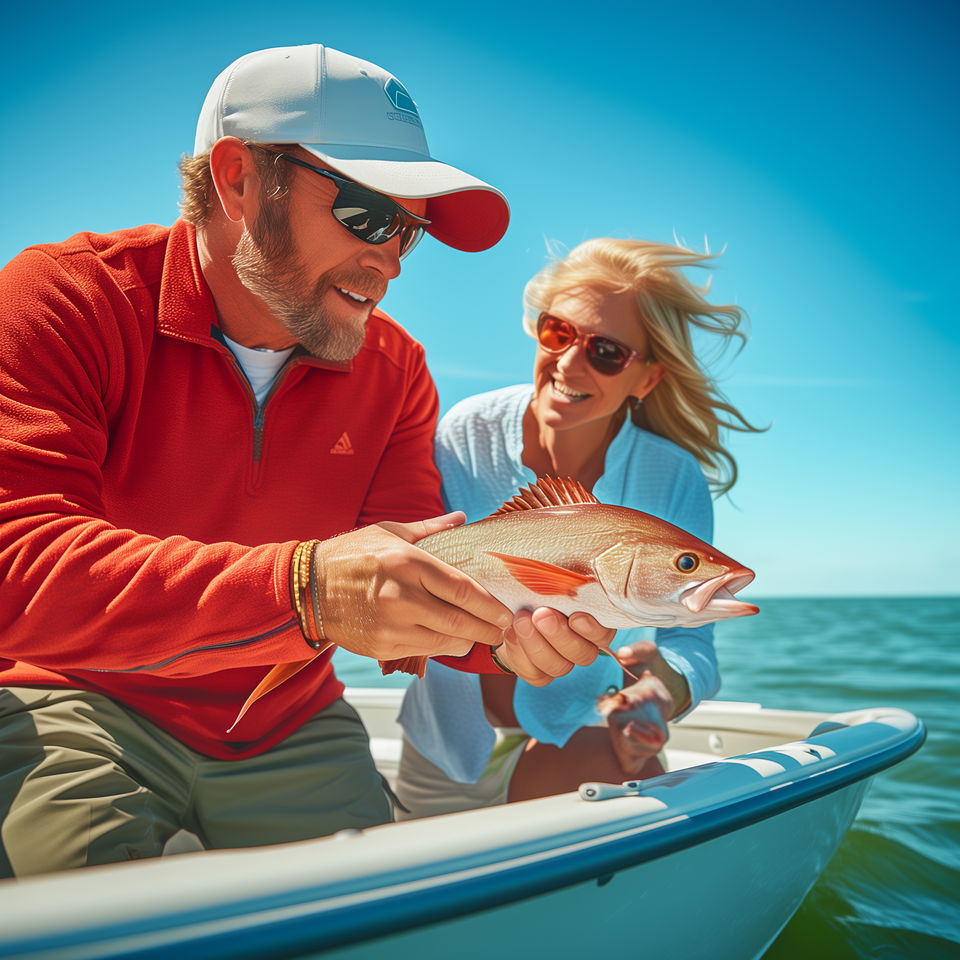 A Slidell fishing charter captain proudly holds a fish as a smiling woman looks on in a sunny boat scene.