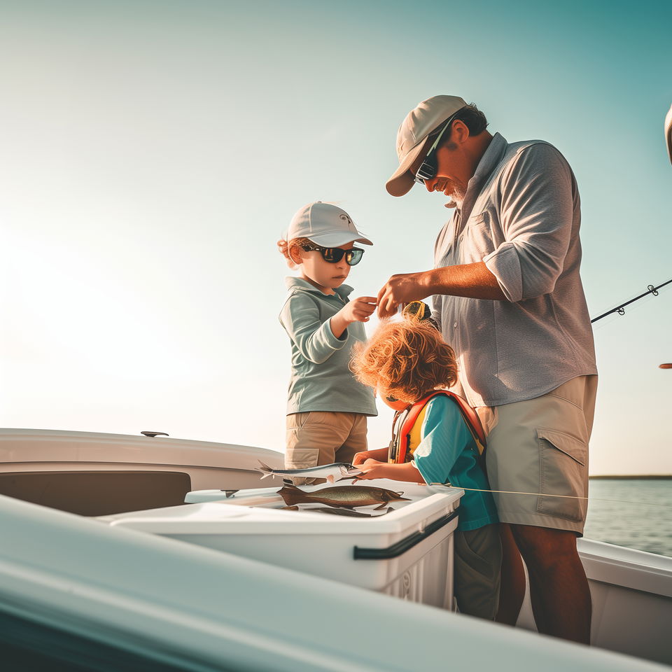 A St. Martin fishing charter captain helps two young children with their catch aboard a boat under a clear sky.