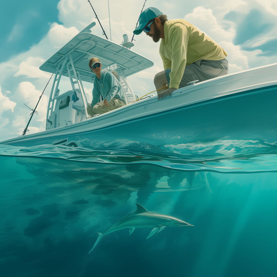 A Surfside Beach fishing charter captain and a passenger observe a shark swimming near their boat on a sunny day.