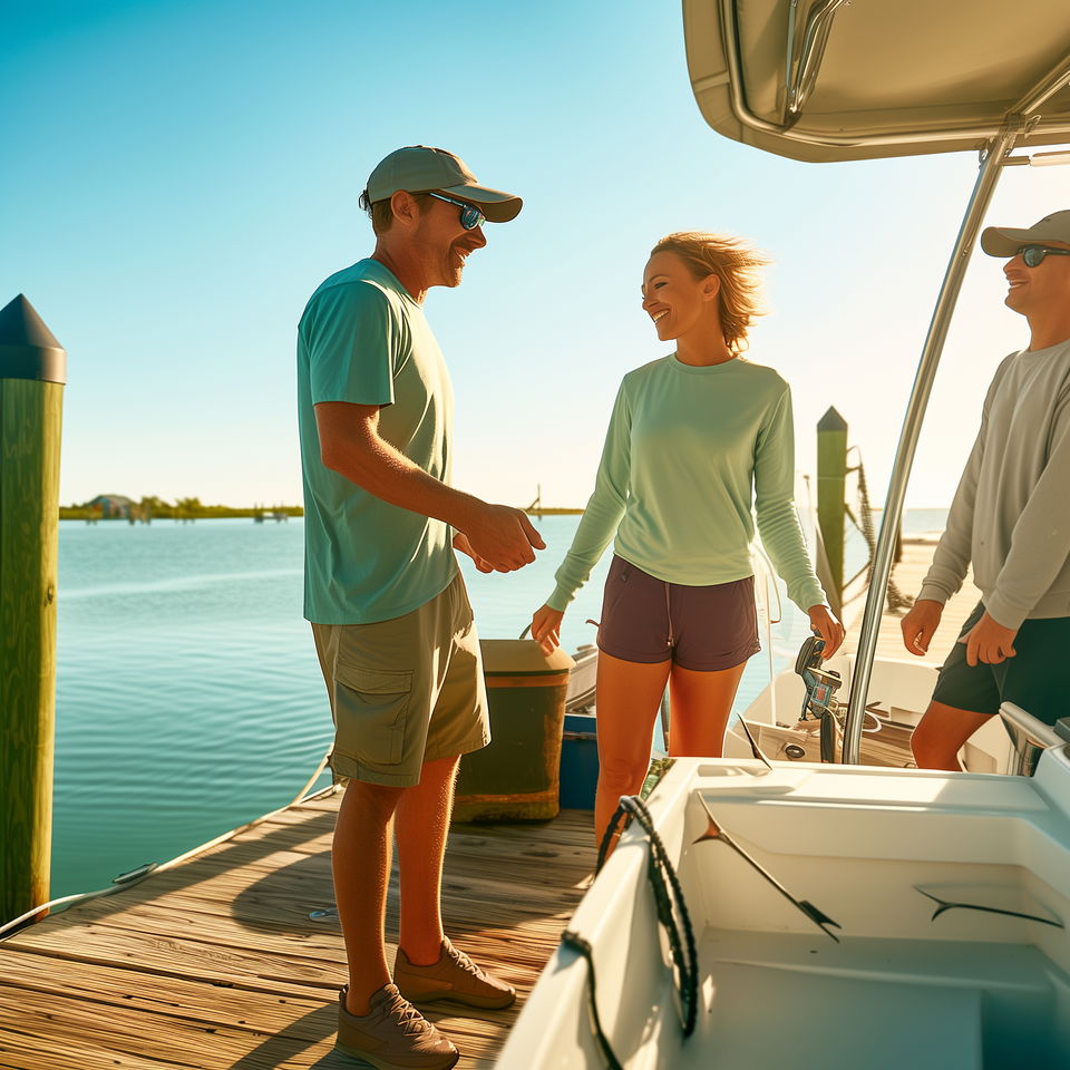A St. Petersburg fishing charter captain interacts with two smiling clients on a sunny dock by the water.