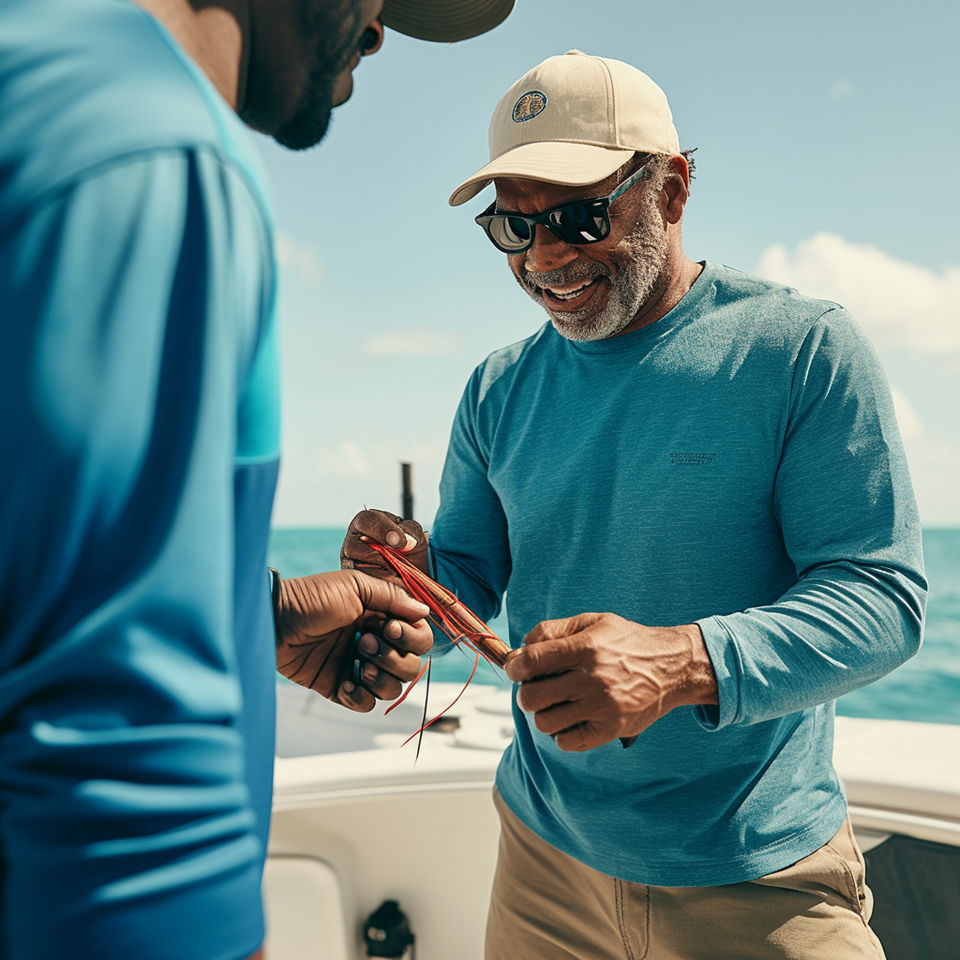 A Traverse City fishing charter captain in a blue shirt smiles while preparing a fishing lure on a boat.