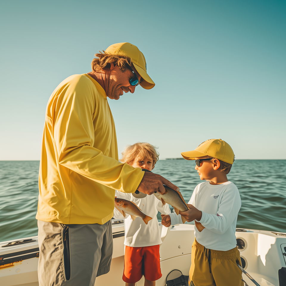 A Sarasota fishing charter captain in yellow attire helps two young boys hold their catch on a boat.