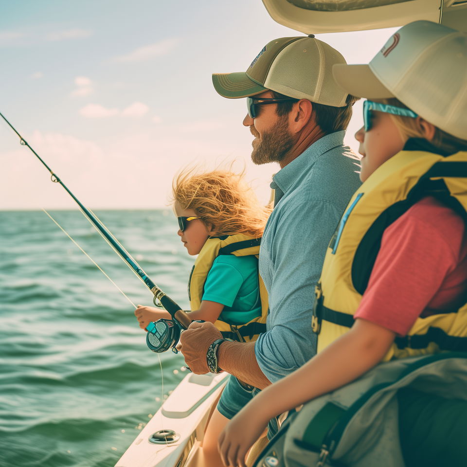 A Virginia Beach fishing charter captain guides two children in life jackets and sunglasses as they fish on a sunny day.