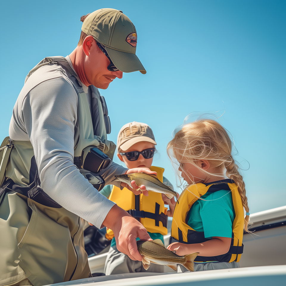 A Wanchese fishing charter captain assists two young children, both in yellow life vests, with holding small fish on a boat.