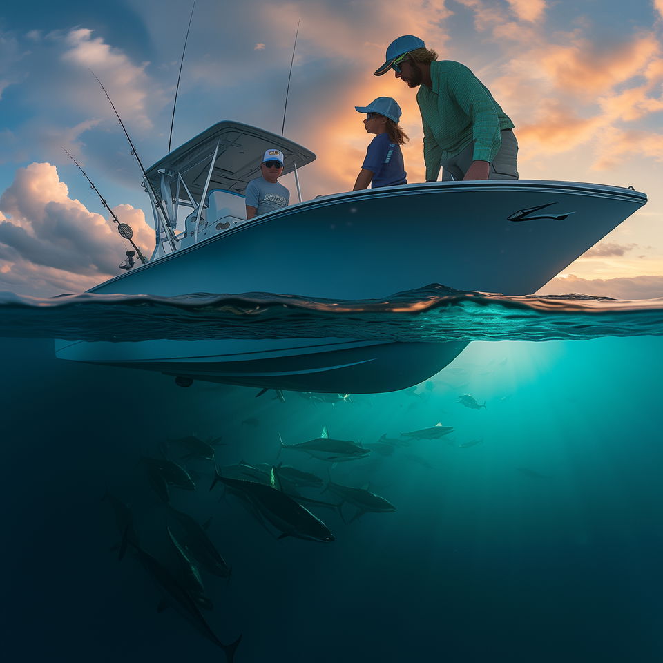 Three people fishing on a charter boat in Bradenton, Florida, at sunset with a view of fish underwater.