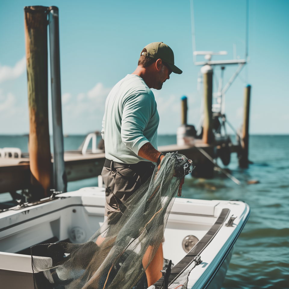 A West Palm Beach fishing charter captain prepares a fishing net on a boat docked at a marina.