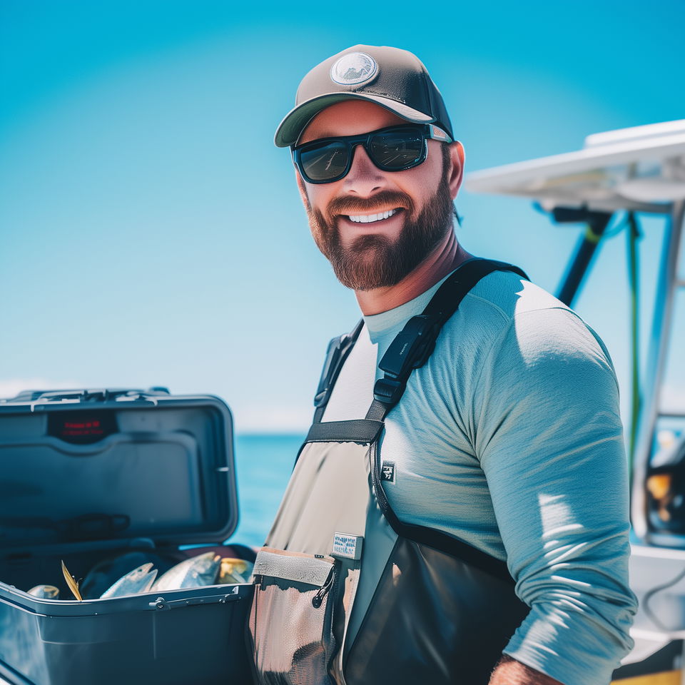 A Wilmington fishing charter captain smiles next to his cooler filled with freshly caught fish on a bright, sunny day.