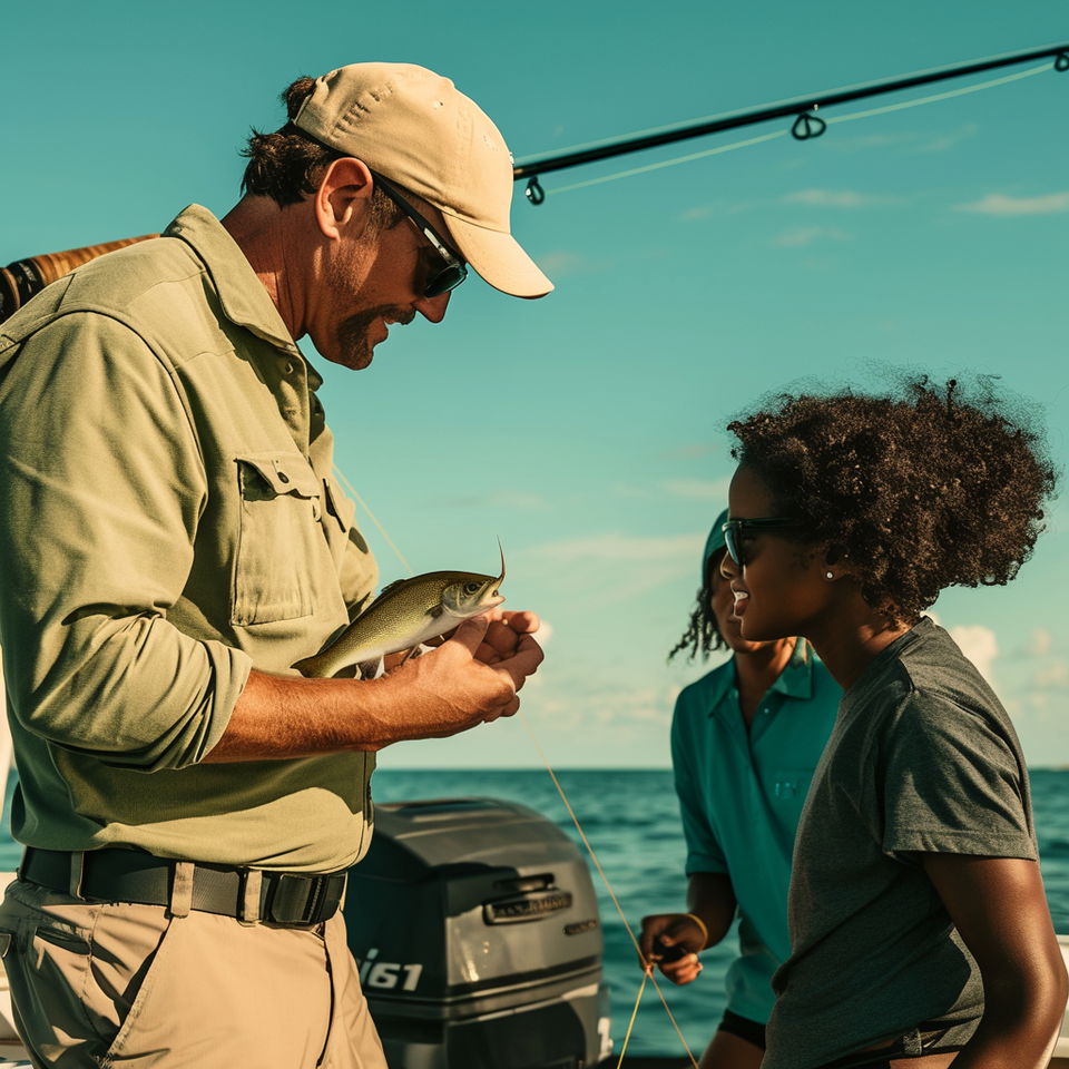 A St. Augustine fishing charter captain shows a fish to two children on a boat in sunny weather.