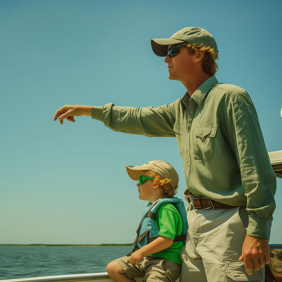 An Annapolis fishing charter captain points out at sea while a young child in a life jacket sits beside him on a sunny day.