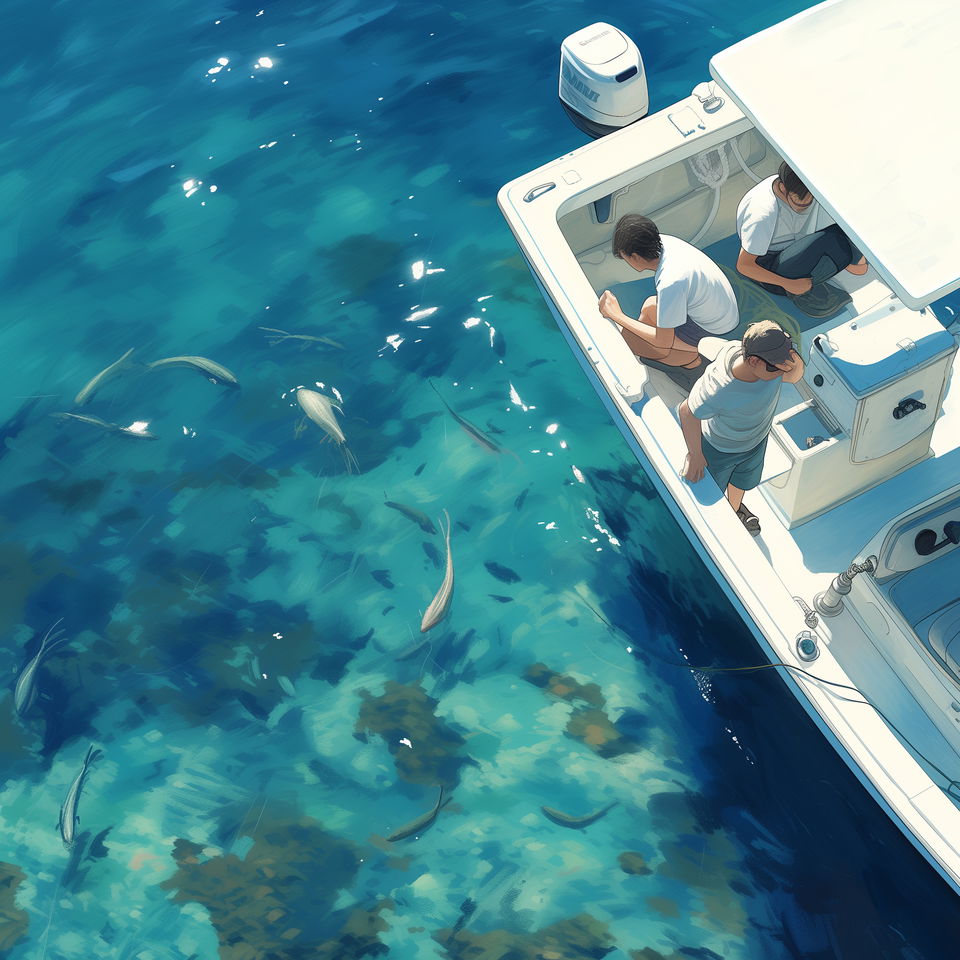 An Atlantic City fishing charter captain and his crew look into the clear blue water as fish swim below their boat.