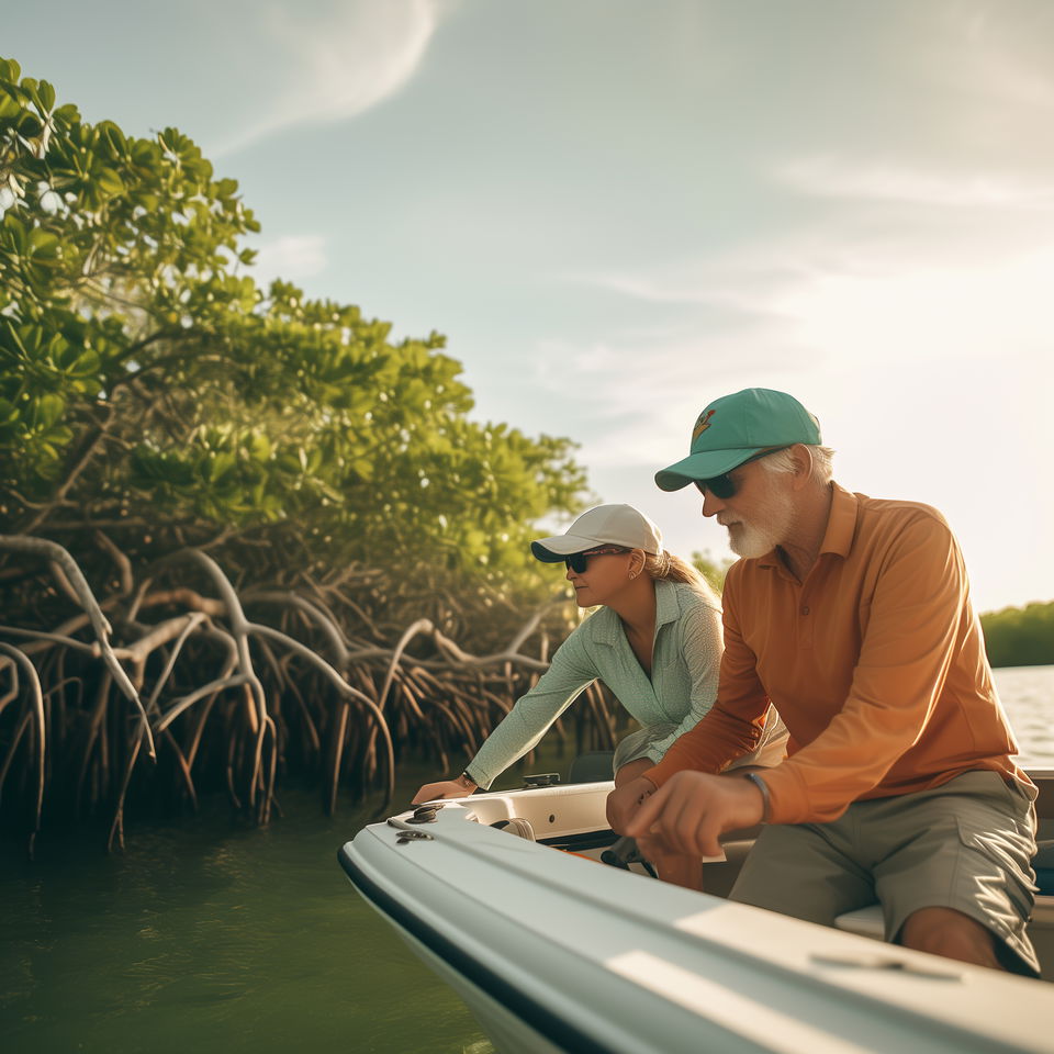A Big Pine Key fishing charter captain and a passenger navigate through mangroves on a sunny day.