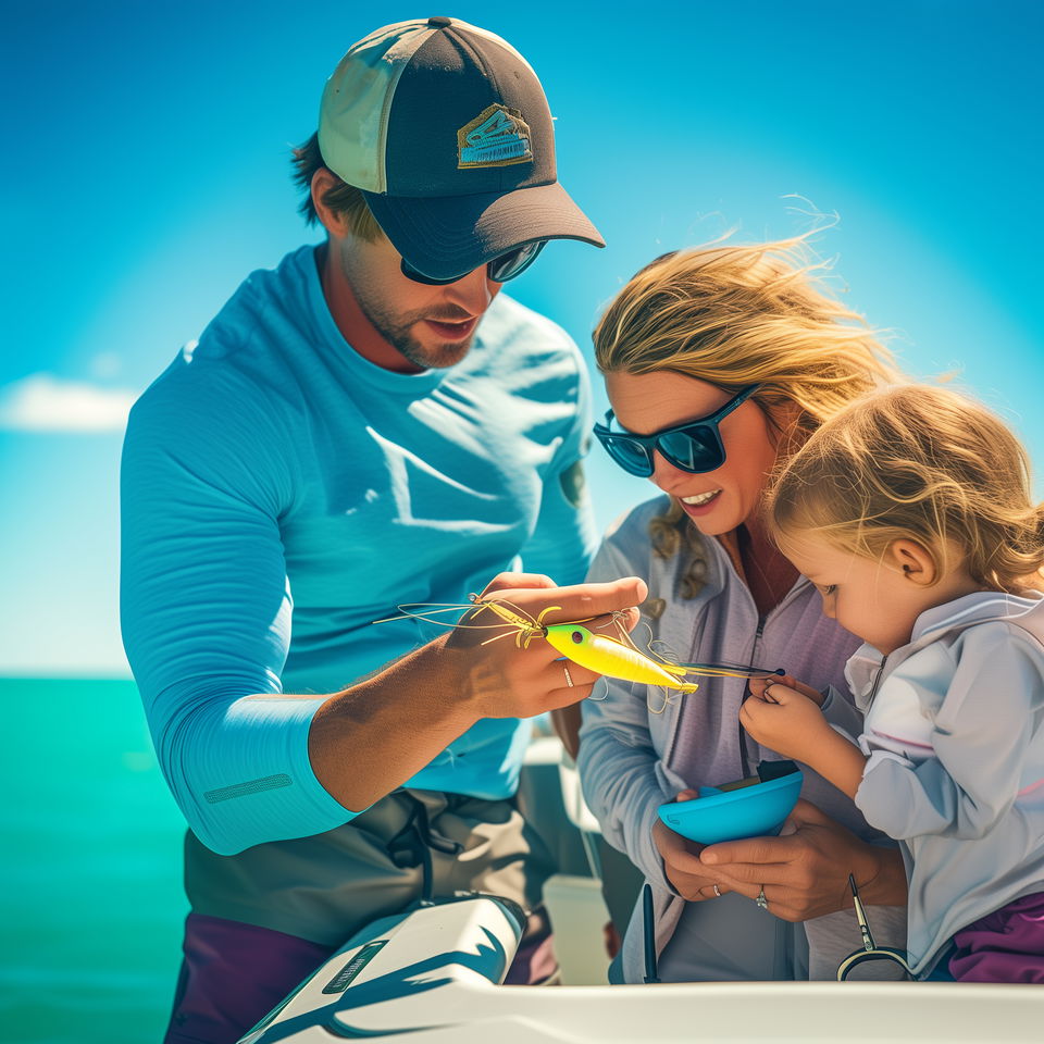 A Bonita Springs fishing charter captain assists a mother and child with bait preparation on a sunny day out at sea.