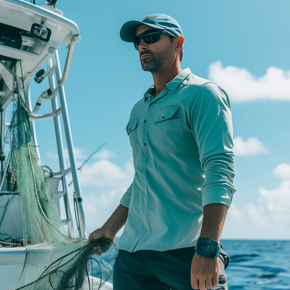 A Boynton Beach fishing charter captain in a blue shirt and cap holds a fishing net on a sunny day at sea.