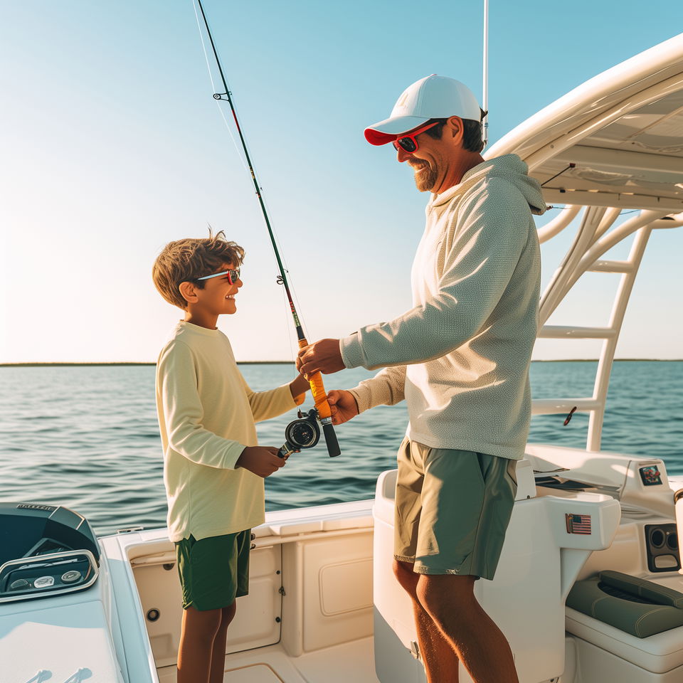 A Cape Coral fishing charter captain teaching a young boy how to fish on a sunny day aboard a boat.