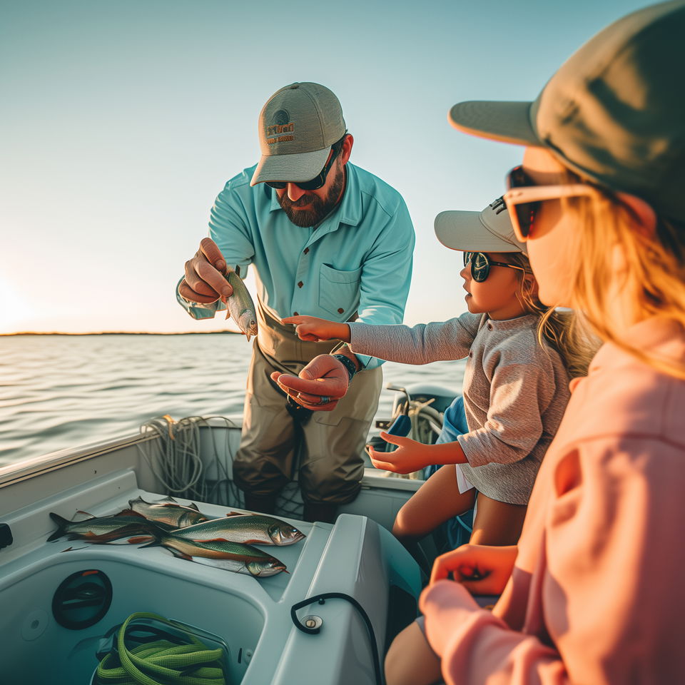 A Carolina Beach fishing charter captain shows fish to two children on a boat during sunset.