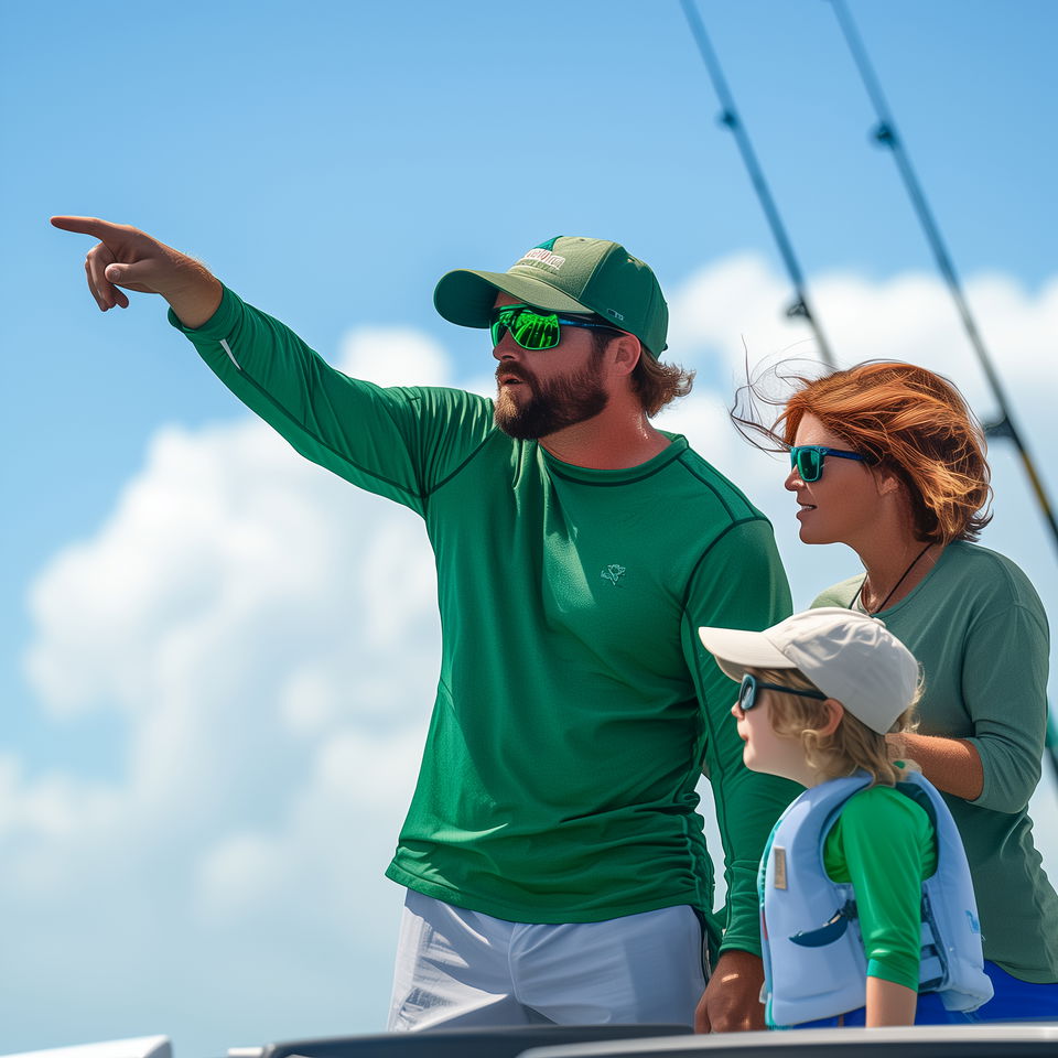 A Charleston fishing charter captain points out to sea as he guides two passengers during a trip on a sunny day.